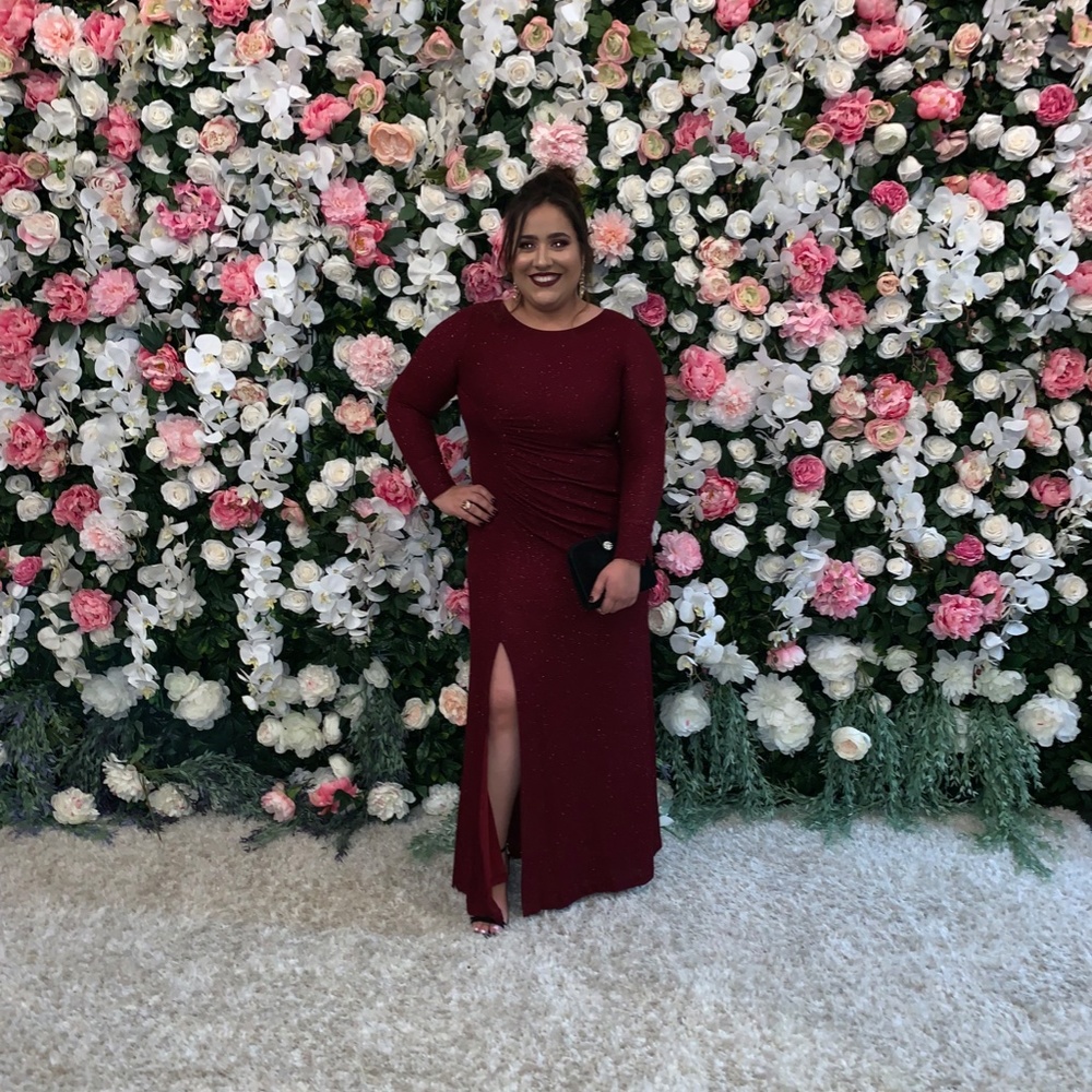 Maroon Glittery long sleeve slit dress